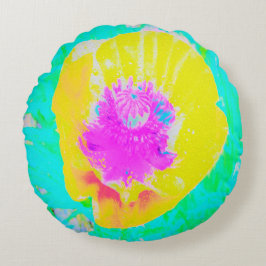 Cojín Redondo Adormidera amarilla con centro rosado caliente en 