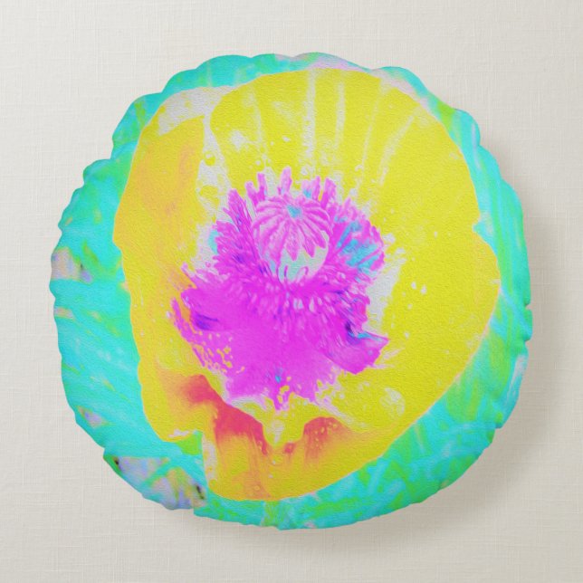 Cojín Redondo Adormidera amarilla con centro rosado caliente en  (Anverso)