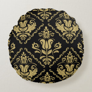 Cojín Redondo Adornamento negro y dorado sin costura Damask. Tra