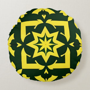 Cojín Redondo Adorno floral amarillo sobre fondo verde