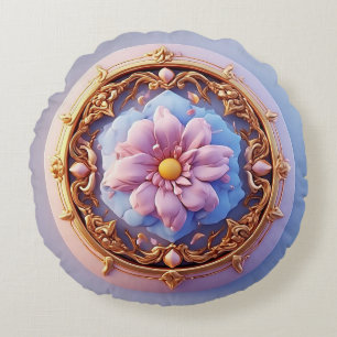 Cojín Redondo Adorno Floral Elegante Con Acentos Dorados