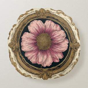 Cojín Redondo Adorno Floral Elegante Con Acentos Dorados