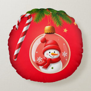 Cojín Redondo Adorno Navideño Festivo con Muñeco de Nieve