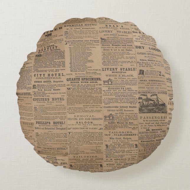 Cojín Redondo Ads of the Past, NY 1856 Round Pillow (Anverso)