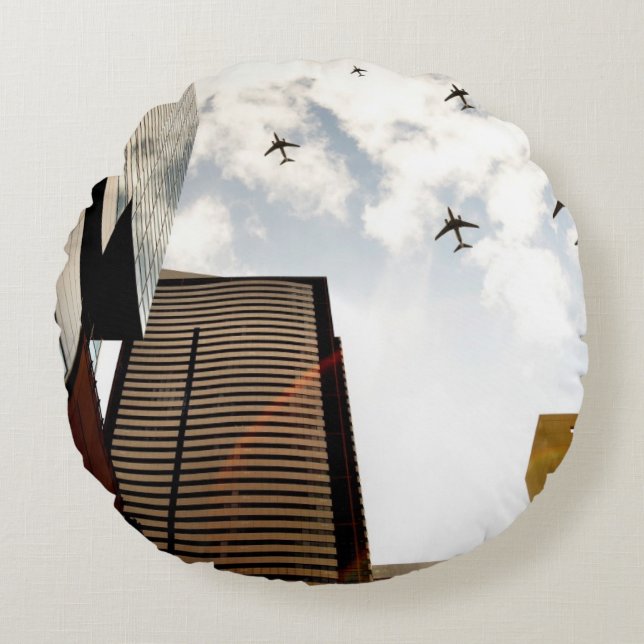 Cojín Redondo Aeroplanos que vuelan sobre edificios (Anverso)