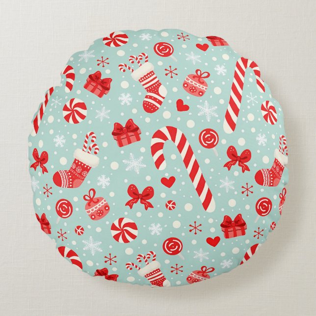Cojín Redondo Aesthetic Christmas Pattern Candy (Anverso)
