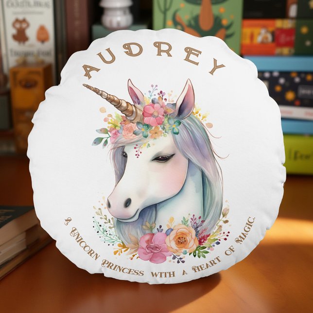 Cojín Redondo Agua unicornio y floral (Personalised Cute Unicorn Round Cushion )