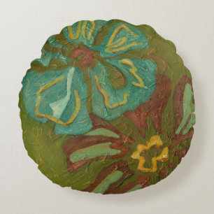 Cojín Redondo Aguamarina y flores anaranjadas quemadas en fondo