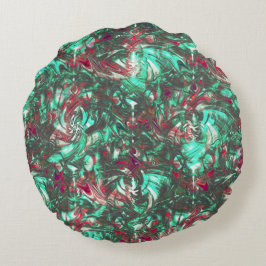 Cojín Redondo Aguamarina y rojo manchados, sucios de negro oscur