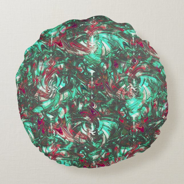 Cojín Redondo Aguamarina y rojo manchados, sucios de negro oscur (Reverso)