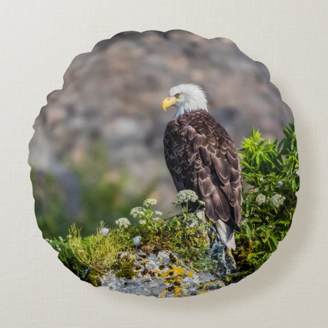 Cojín Redondo Águila calva sentada en la roca (Anverso)