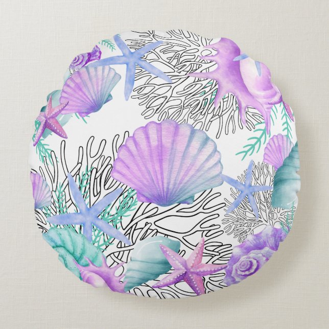 Cojín Redondo Agujas Verde azuladas Y Blancas Púrpura Rosa (Anverso)