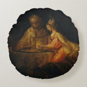 Cojín Redondo Ahasuerus Haman Esther Rembrandt Barroco bíblico