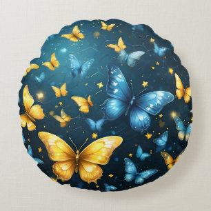 Cojín Redondo Alas de Alegría: Mariposas Voladoras Azules y Amar
