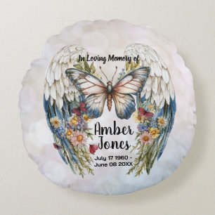 Cojín Redondo Alas de ángel etéreas memorial con mariposa