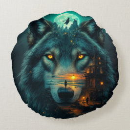 Cojín Redondo Alas doradas y lobo