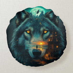 Cojín Redondo Alas doradas y lobo