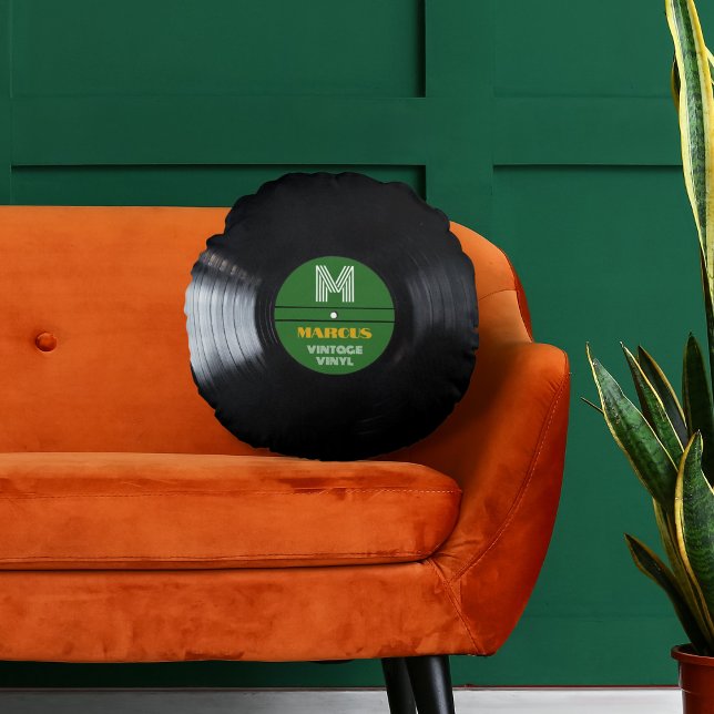 Cojín Redondo Álbum de registros de monograma retro verde (Subido por el creador)