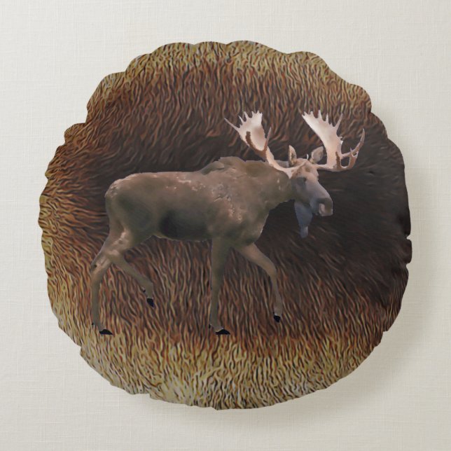 Cojín Redondo Alce De Toro Sobre El Fur Caribou (Anverso)
