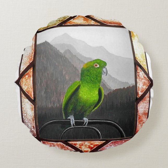 Cojín Redondo Aldo mi loro amazónico (Anverso)