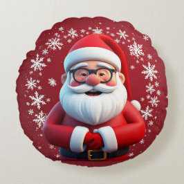 Cojín Redondo Alegre Papá Noel rodeado de copos de nieve