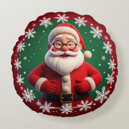 Cojín Redondo Alegre Santa Claus rodeado de copos de nieve