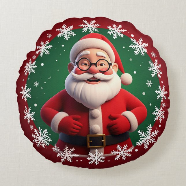 Cojín Redondo Alegre Santa Claus rodeado de copos de nieve (Anverso)