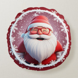 Cojín Redondo Alegre Santa Claus rodeado de copos de nieve