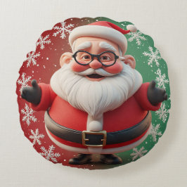 Cojín Redondo Alegre Santa Claus rodeado de copos de nieve