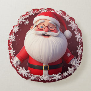 Cojín Redondo Alegre Santa Claus rodeado de copos de nieve