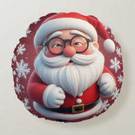 Cojín Redondo Alegre Santa Claus rodeado de copos de nieve