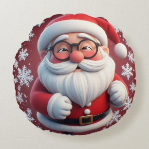 Cojín Redondo Alegre Santa Claus rodeado de copos de nieve