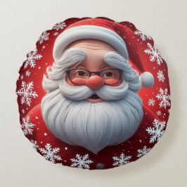 Cojín Redondo Alegre Santa Claus rodeado de copos de nieve