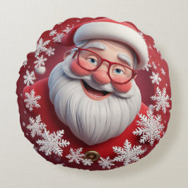 Cojín Redondo Alegre Santa Claus rodeado de copos de nieve