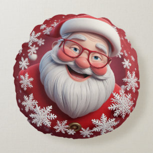 Cojín Redondo Alegre Santa Claus rodeado de copos de nieve
