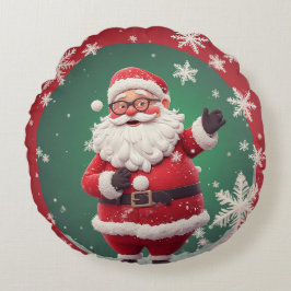 Cojín Redondo Alegre Santa Claus rodeado de copos de nieve