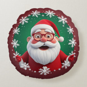 Cojín Redondo Alegre Santa Claus rodeado de copos de nieve