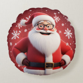 Cojín Redondo Alegre Santa Claus rodeado de copos de nieve