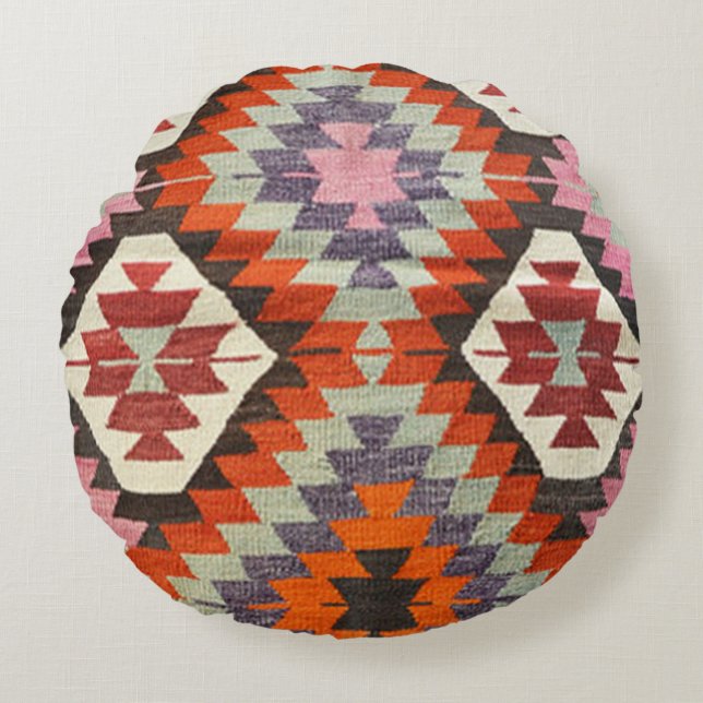 Cojín Redondo Alfombra kilim turca oriental antigua persa (Anverso)