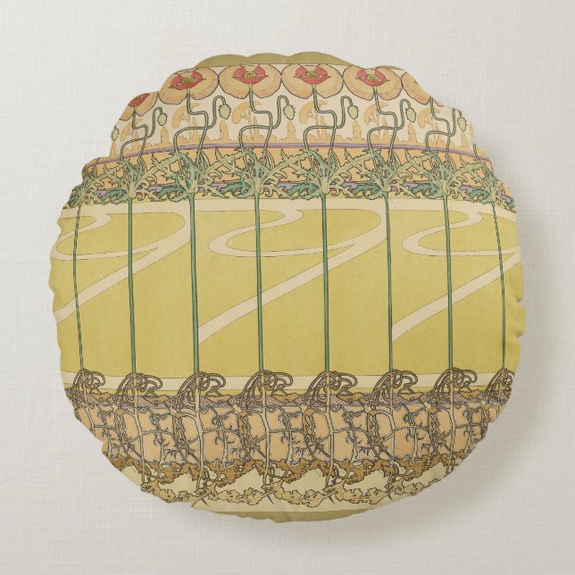 Cojín Redondo Alfonse Mucha Poppies Art Nouveau Floral Wallpaper (Anverso)