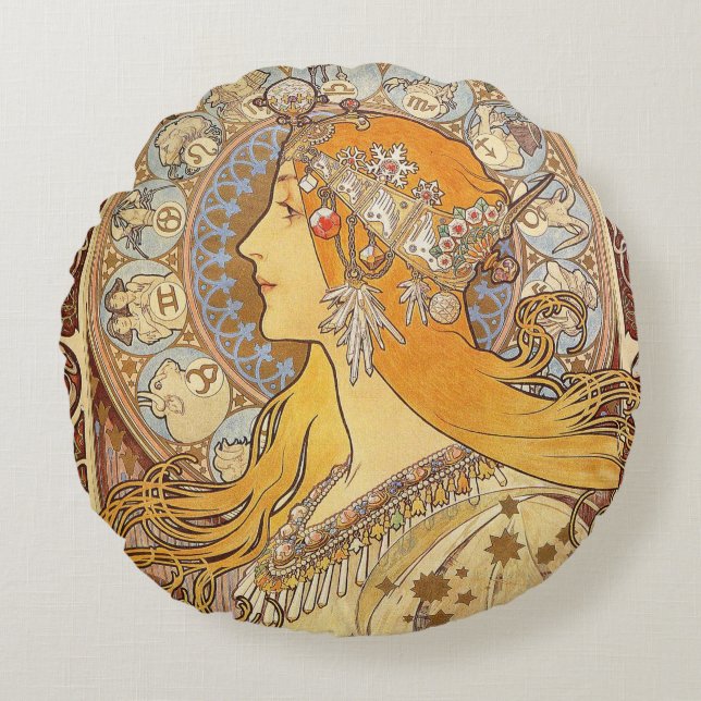 Cojín Redondo Alfonse Mucha Zodiac Art Nouveau Mujer (Anverso)