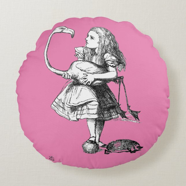 Cojín Redondo Alice y el flamenco (fondo rosa) (Anverso)