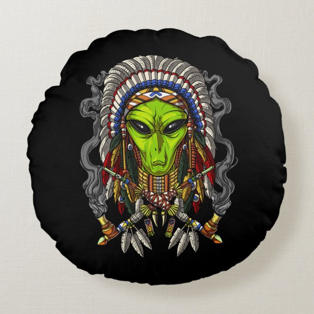 Cojín Redondo Alien Native American Chief (Anverso)