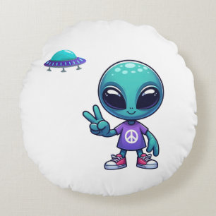 Cojín Redondo Alien y barco espacial por la paz