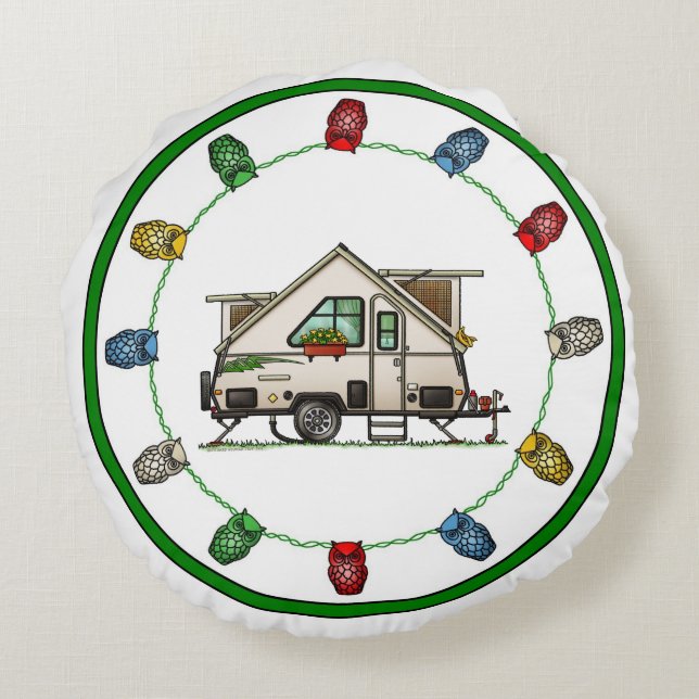 Cojín Redondo Aliner Pop Up RV happy camper art Ceramic Ornament (Reverso)