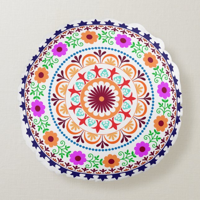 Cojín Redondo Almohada-blanco redondo bohemio del diseño floral (Anverso)