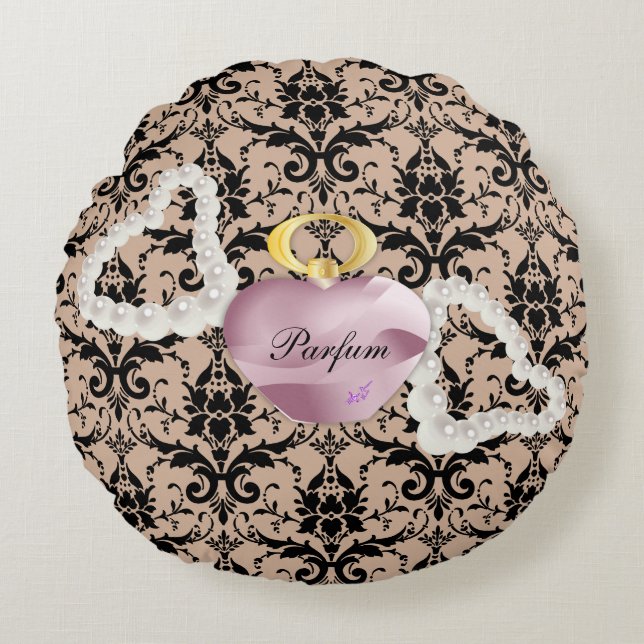 Cojín Redondo Almohadilla redonda Parfum & Pearl Taupe Damask (Anverso)