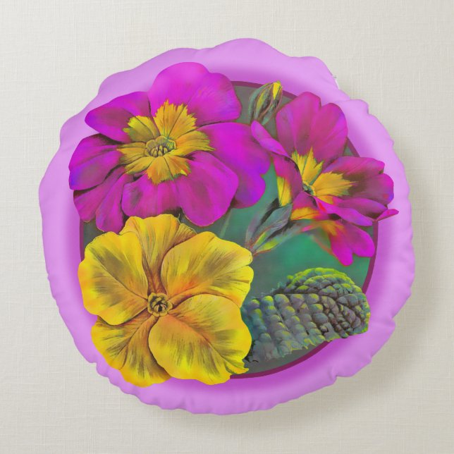 Cojín Redondo Almohadilla rosa amarillo verde yema (Reverso)