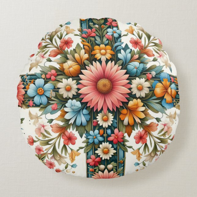 Cojín Redondo Almohadón Redondo de Arte Popular Floral - Boho Co (Anverso)