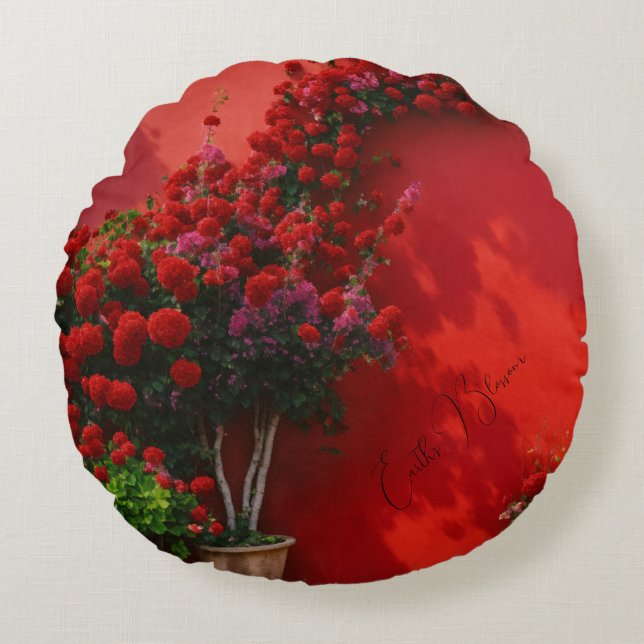 Cojín Redondo Almohadón Redondo de Flor de Rosa Roja (Anverso)